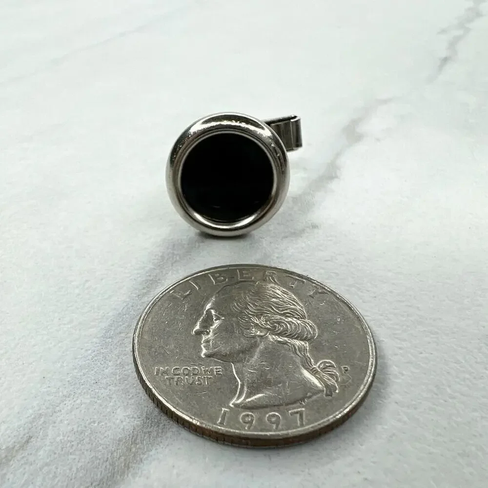 Vintage Silver Tone and Black Round Single Cufflink
